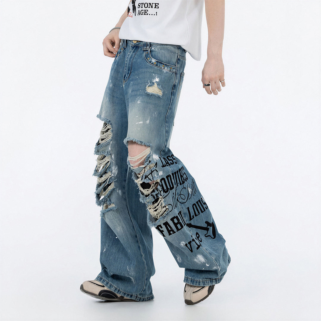 Men's Spring Heavy Ripped Splatter Print Denim Jeans