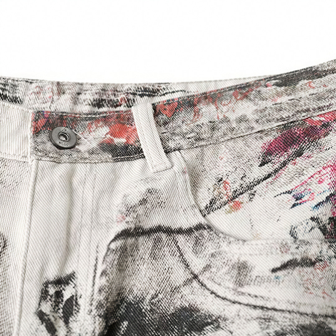 Men's Summer Abstract Splash Ink Art Print Denim Shorts