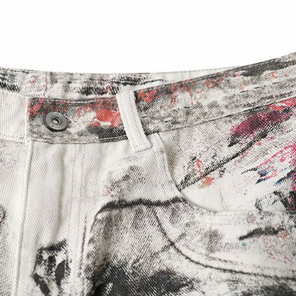 Men's Summer Abstract Splash Ink Art Print Denim Shorts