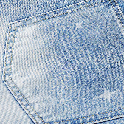 Men's Summer Light Wash Cross Print Baggy Denim Shorts