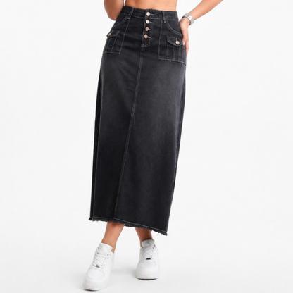 Women's High Waist Button Fly Denim Maxi Skirt