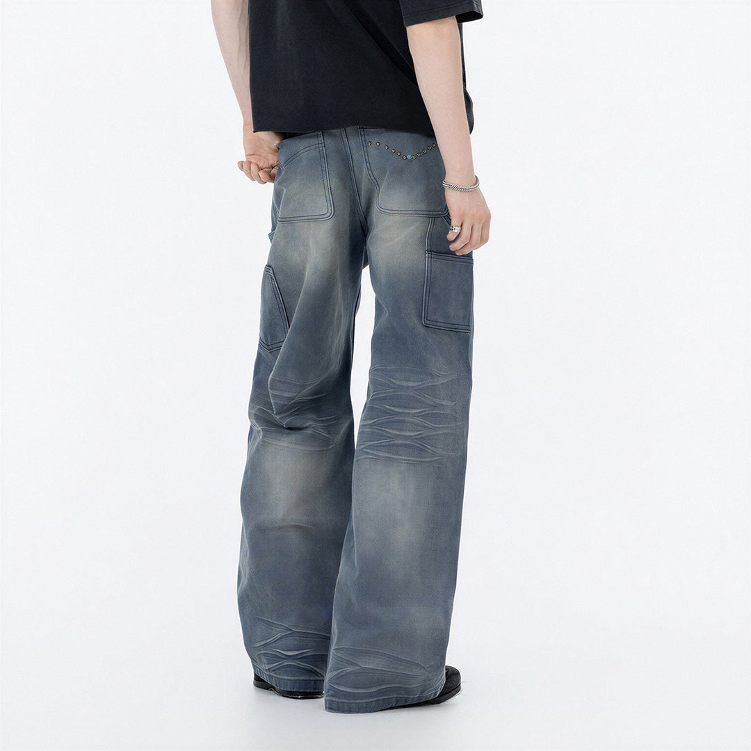 Men's Spring Blue Gray Gradient Cat Whisker Denim Jeans
