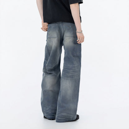 Men's Spring Blue Gray Gradient Cat Whisker Denim Jeans
