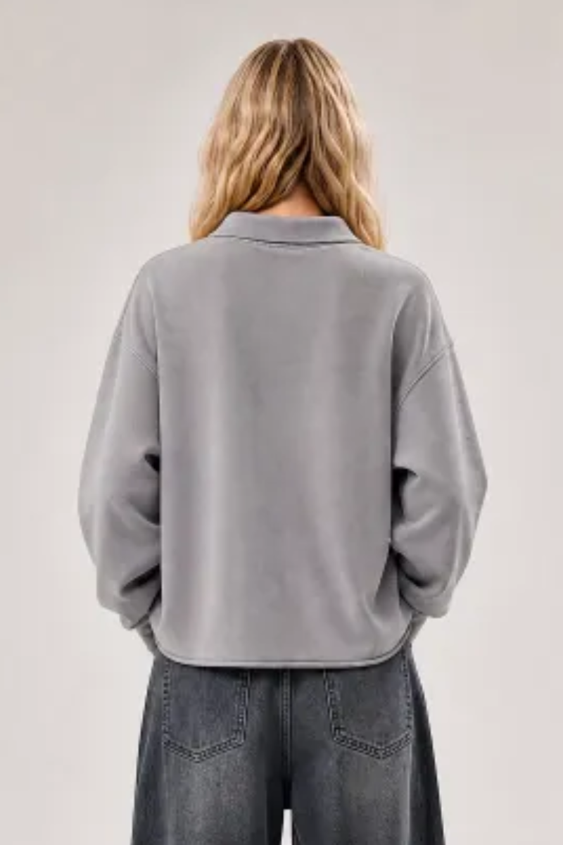 Women Fall Snow Wash Polo Collar Cropped Sweatshirt