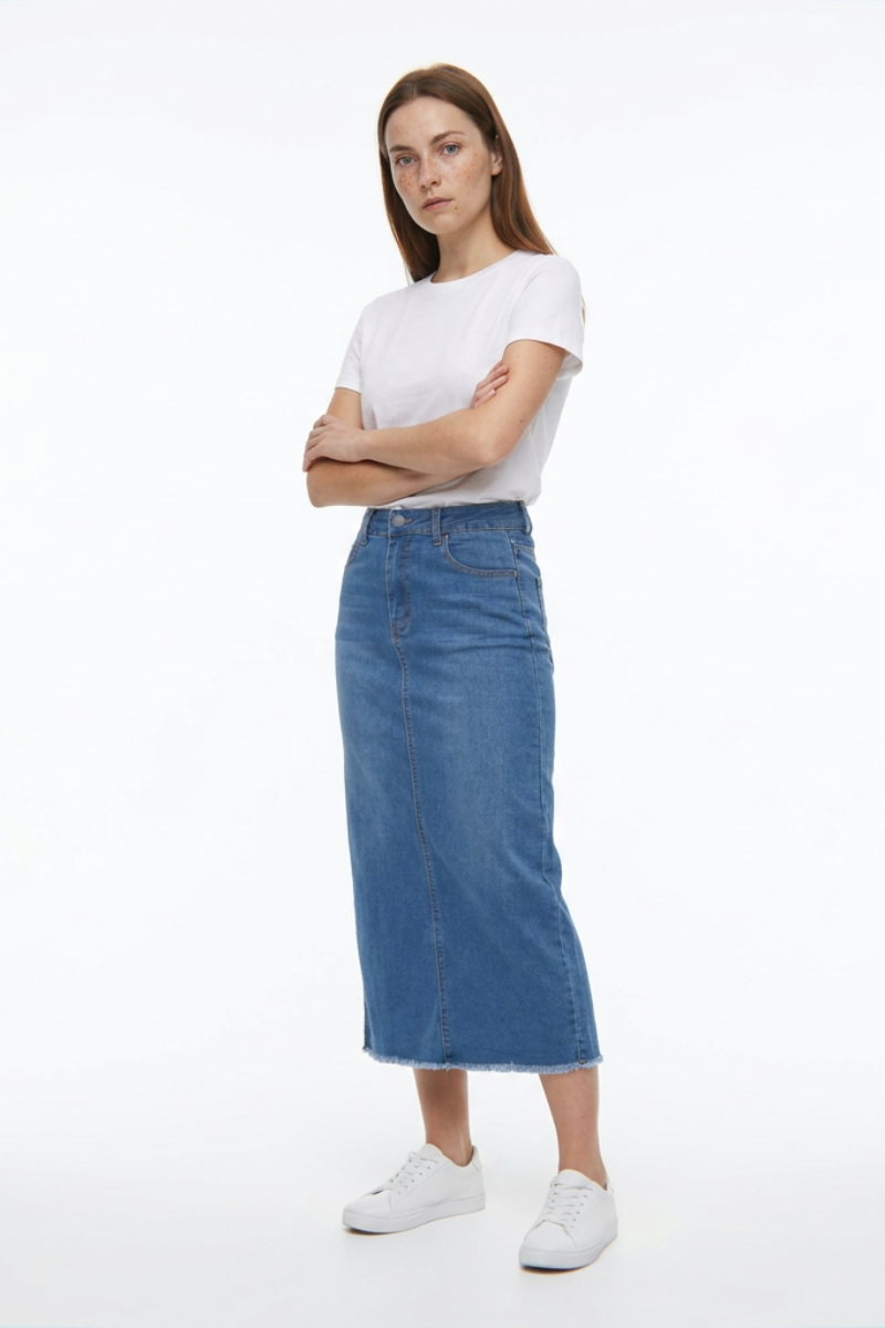 Women's High Waist Back Slit Denim Midi Skirt