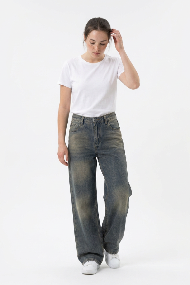 Women's 100% Cotton Vintage Wash Straight Leg Jeans