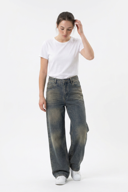 Women's 100% Cotton Vintage Wash Straight Leg Jeans