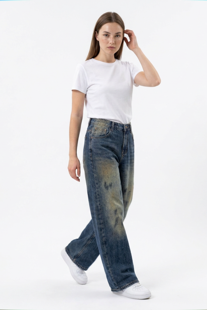 Women's Vintage Wash High Waist Straight Wide Leg Jeans