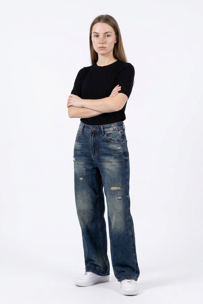 Women's Distressed High Waist Wide Leg Jeans