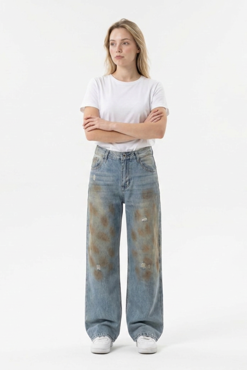 Women's Multi-Layer Dirty Wash High Waist Wide Leg Jeans