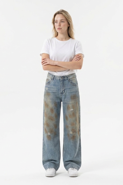 Women's Multi-Layer Dirty Wash High Waist Wide Leg Jeans