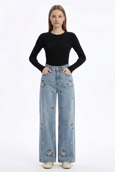 Women's Vintage Wash Embroidered High Waist Wide Leg Jeans