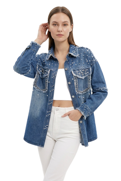 Women's Pearl Embellished Oversized Wash Denim Jacket
