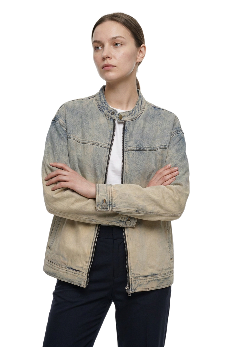 Women's Washed Stand Collar Zip-Up Vintage Denim Jacket