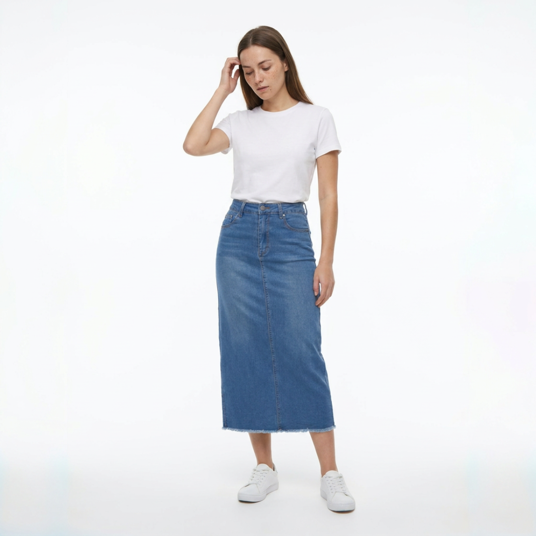 Women's High Waist A-Line Front Slit Denim Midi Skirt