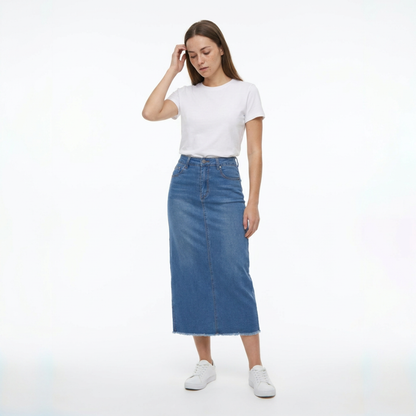 Women's High Waist A-Line Front Slit Denim Midi Skirt