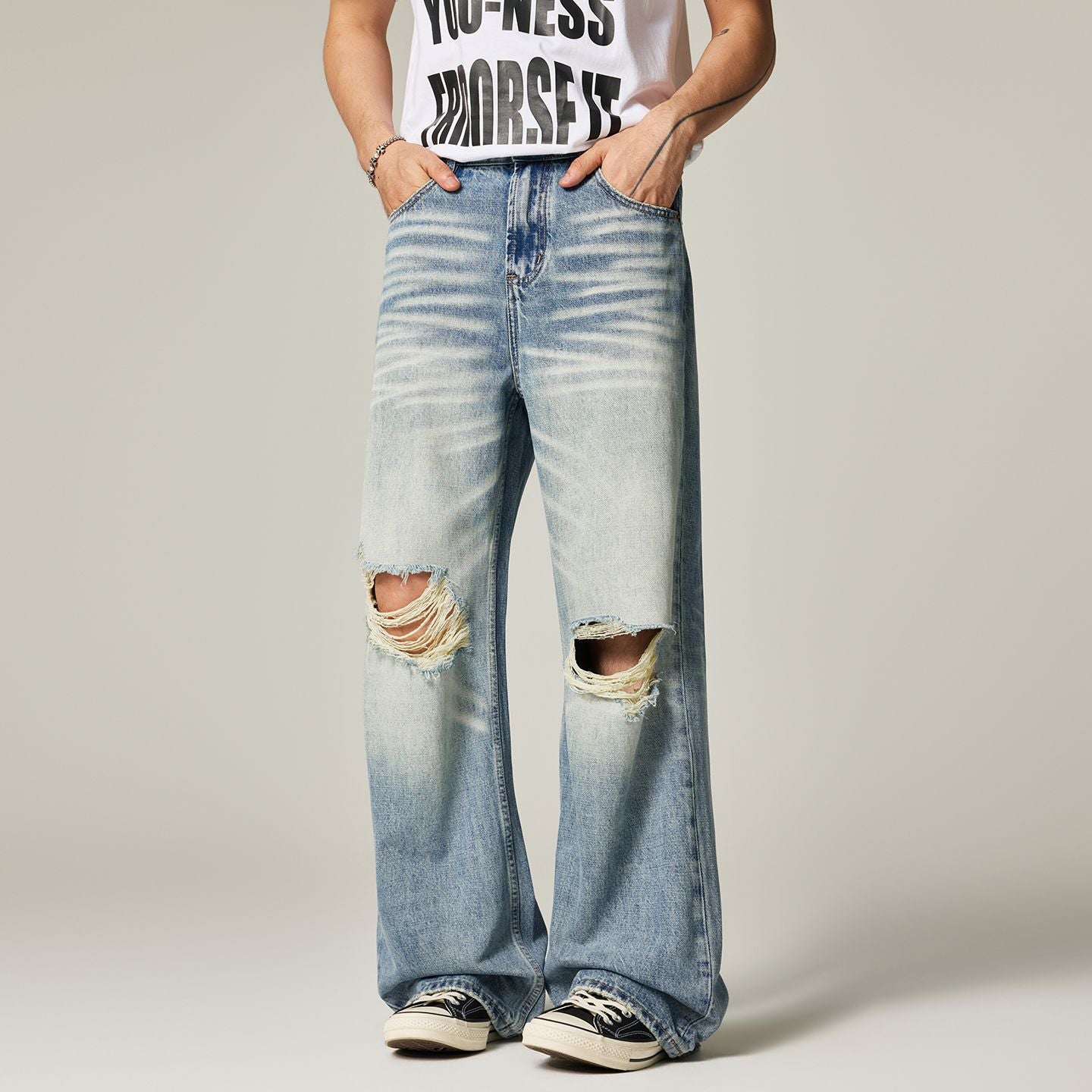 Men's Spring Light Blue Cat Whisker Ripped Denim Jeans