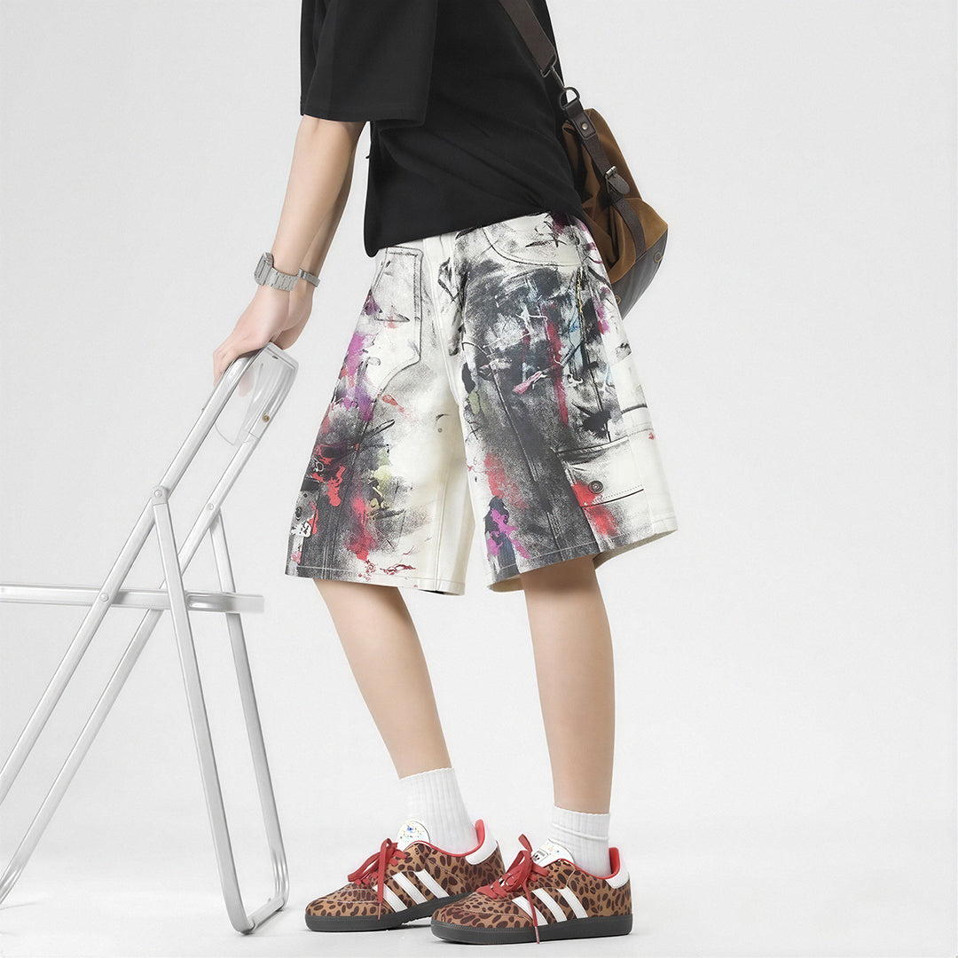 Men's Summer Abstract Splash Ink Art Print Denim Shorts