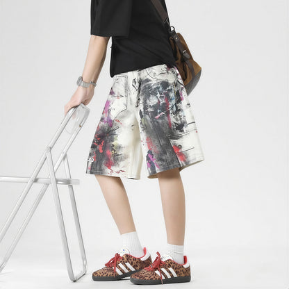 Men's Summer Abstract Splash Ink Art Print Denim Shorts