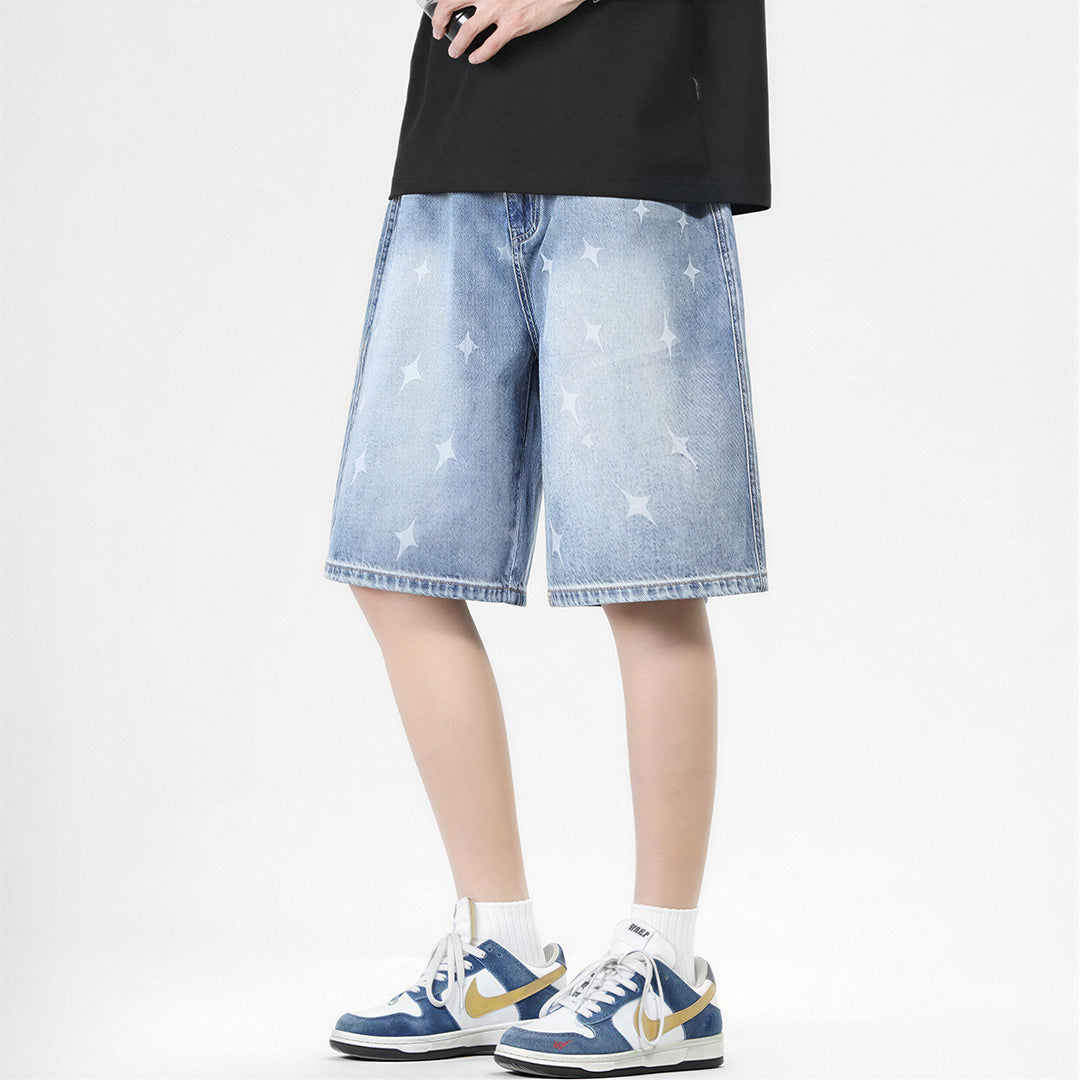 Men's Summer Light Wash Cross Print Baggy Denim Shorts