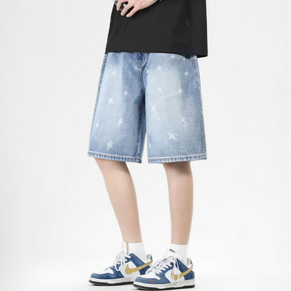 Men's Summer Light Wash Cross Print Baggy Denim Shorts