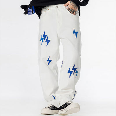 Men's Spring White & Blue Lightning Embroidery Jeans