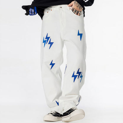 Men's Spring White & Blue Lightning Embroidery Jeans