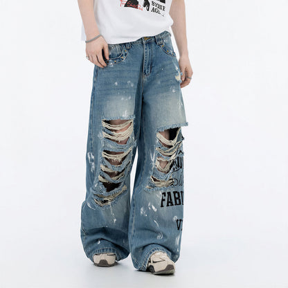 Men's Spring Heavy Ripped Splatter Print Denim Jeans