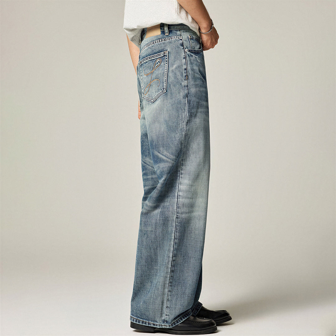 Men's Spring Gradient Blue Cat Whisker Wide-Leg Denim Jeans