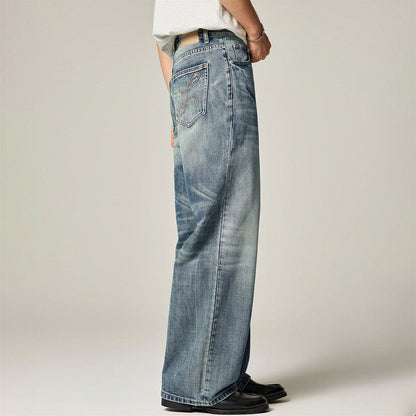 Men's Spring Gradient Blue Cat Whisker Wide-Leg Denim Jeans
