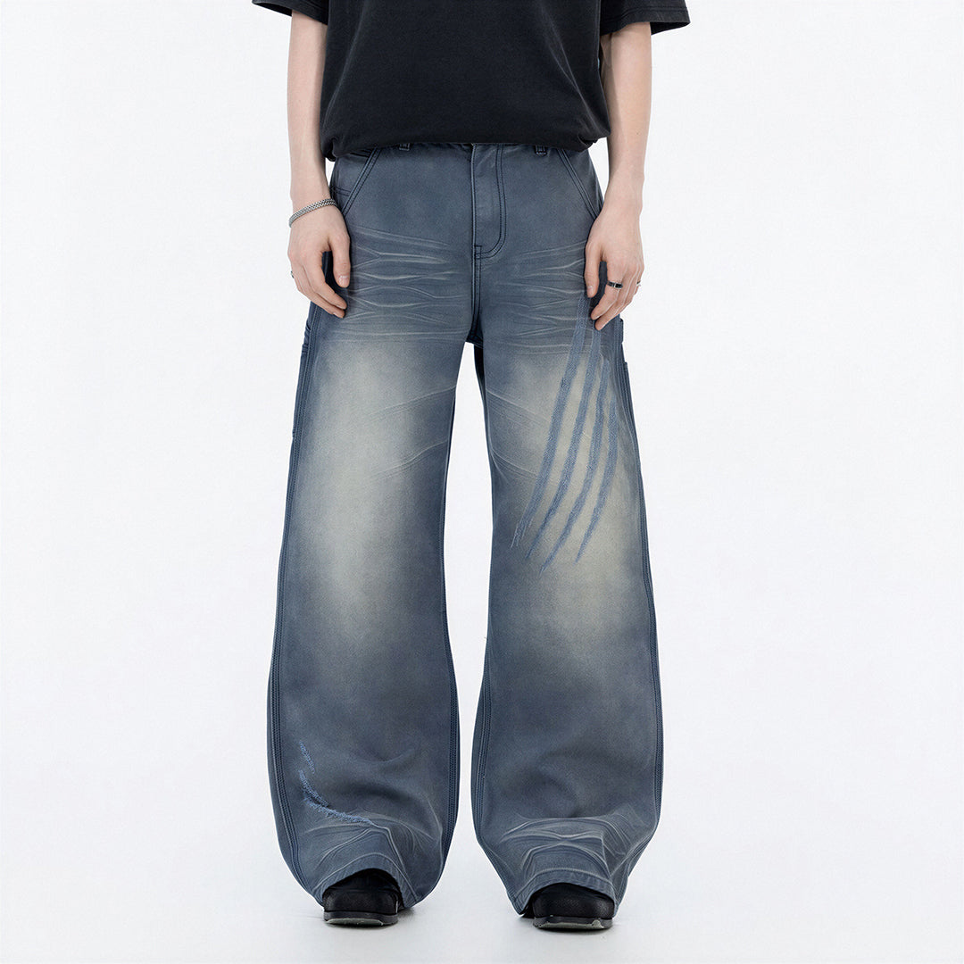 Men's Spring Blue Gray Gradient Cat Whisker Denim Jeans
