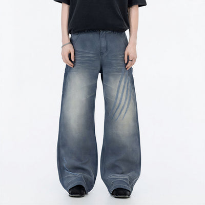 Men's Spring Blue Gray Gradient Cat Whisker Denim Jeans