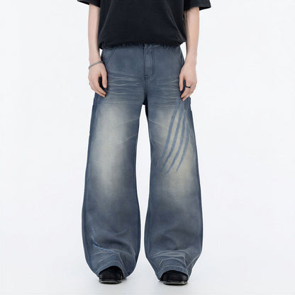 Men's Spring Blue Gray Gradient Cat Whisker Denim Jeans