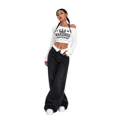 Women's double-waistband loose wide-leg jeans