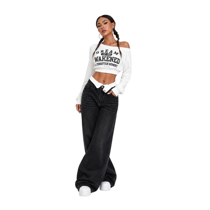 Women's double-waistband loose wide-leg jeans