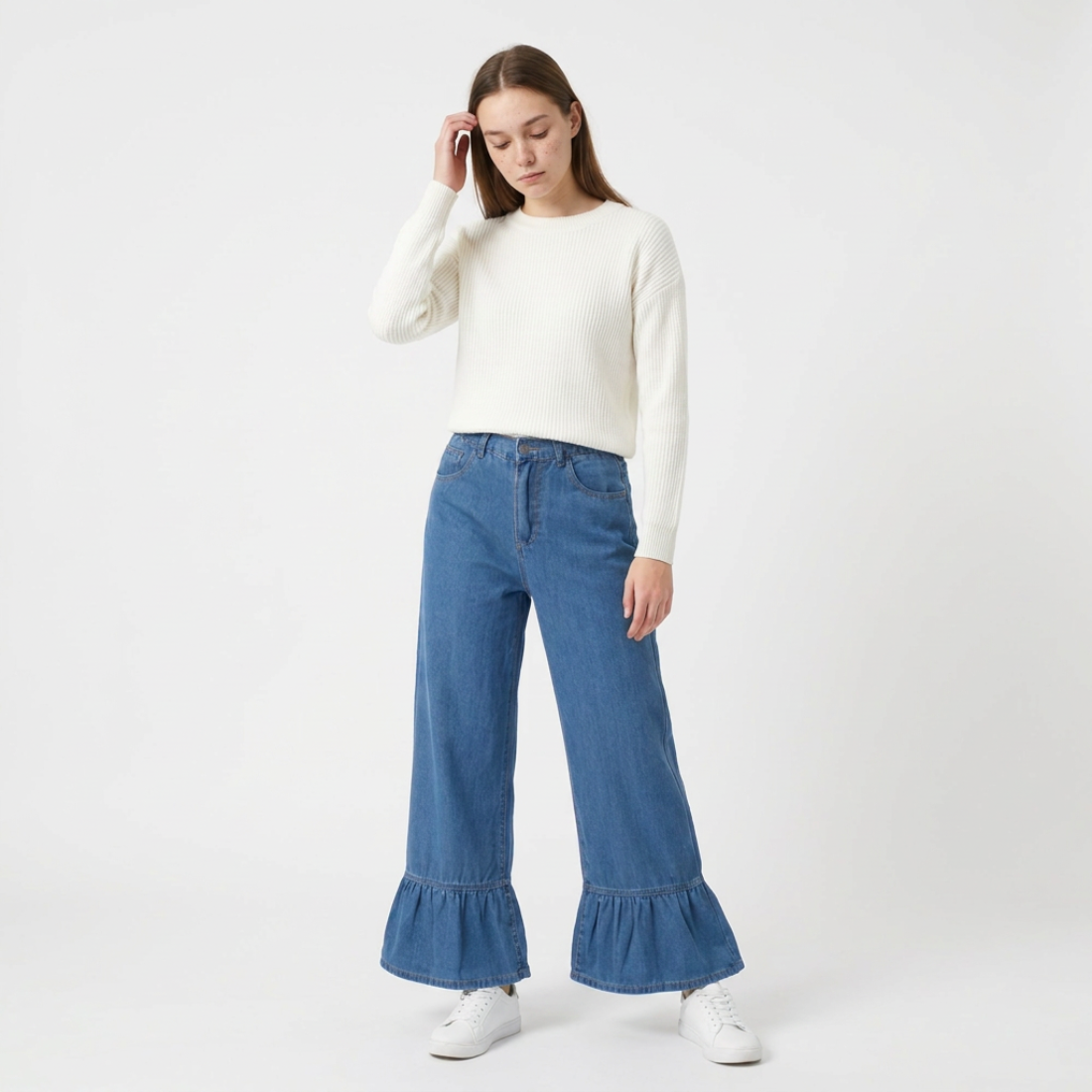 Women's High Waist Ruffle Hem Wide Leg Jeans