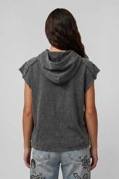 Women's Summer Stone-Washed Distressed Raw-Edge Hooded Tank