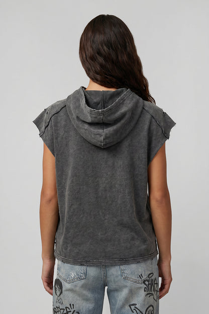 Women's Summer Stone-Washed Distressed Raw-Edge Hooded Tank