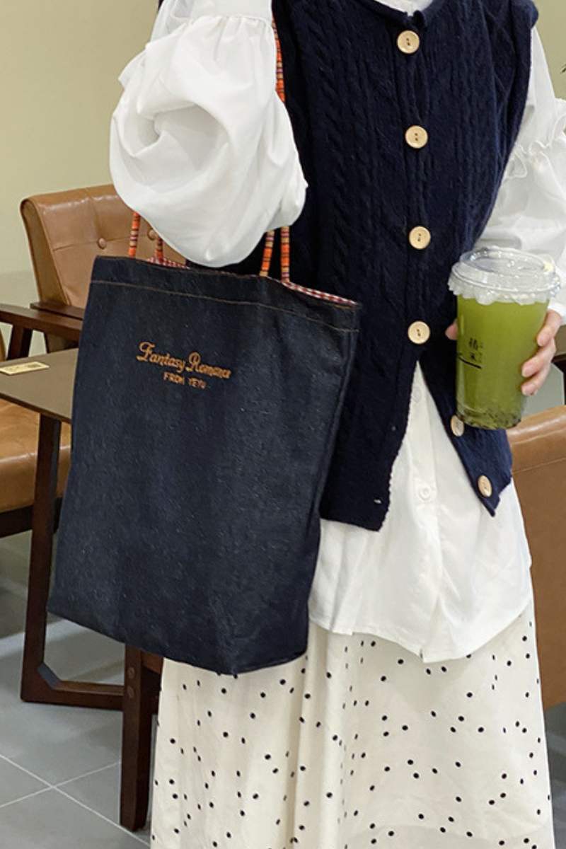 Women Fall Vintage Denim Plaid Reversible Shoulder Tote