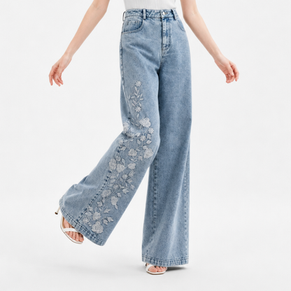 Women's High Waist Floral Embroidered Wide Leg Jeans