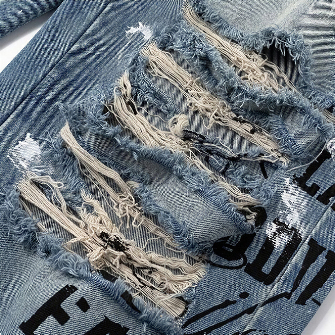 Men's Spring Heavy Ripped Splatter Print Denim Jeans