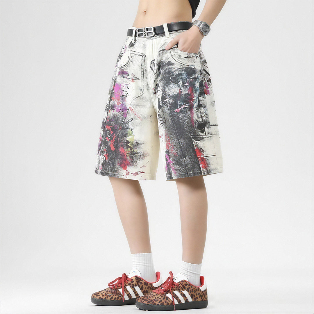 Men's Summer Abstract Splash Ink Art Print Denim Shorts