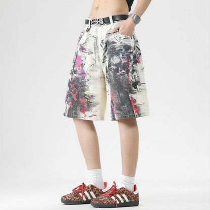 Men's Summer Abstract Splash Ink Art Print Denim Shorts