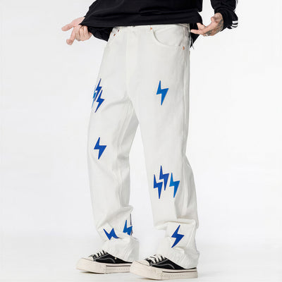 Men's Spring White & Blue Lightning Embroidery Jeans