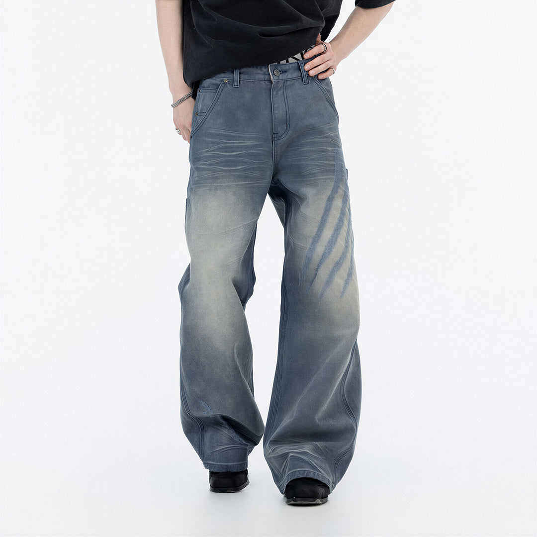 Men's Spring Blue Gray Gradient Cat Whisker Denim Jeans
