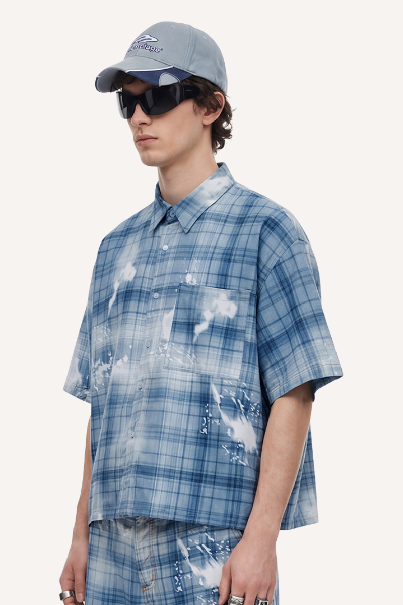 Men's Summer Relaxed Plaid Washed Stretch Breathable Tee