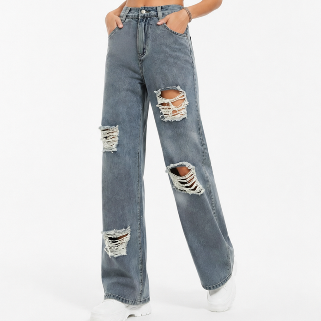 Women's High Waist Distressed Ripped Wide Leg Jeans