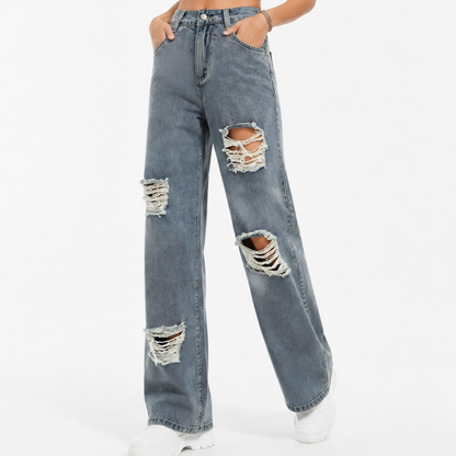 Women's High Waist Distressed Ripped Wide Leg Jeans