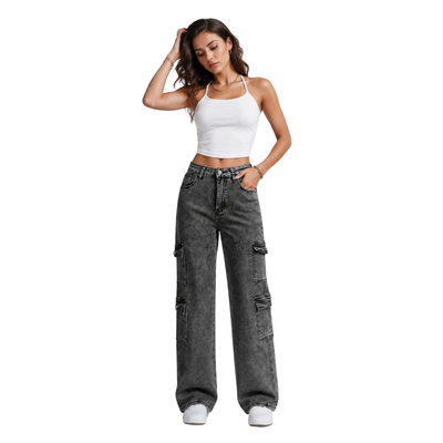 Women's High Waist Cargo Straight Jeans