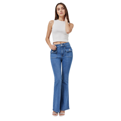 Women's High Waist Flare Jeans with Button Front Pockets